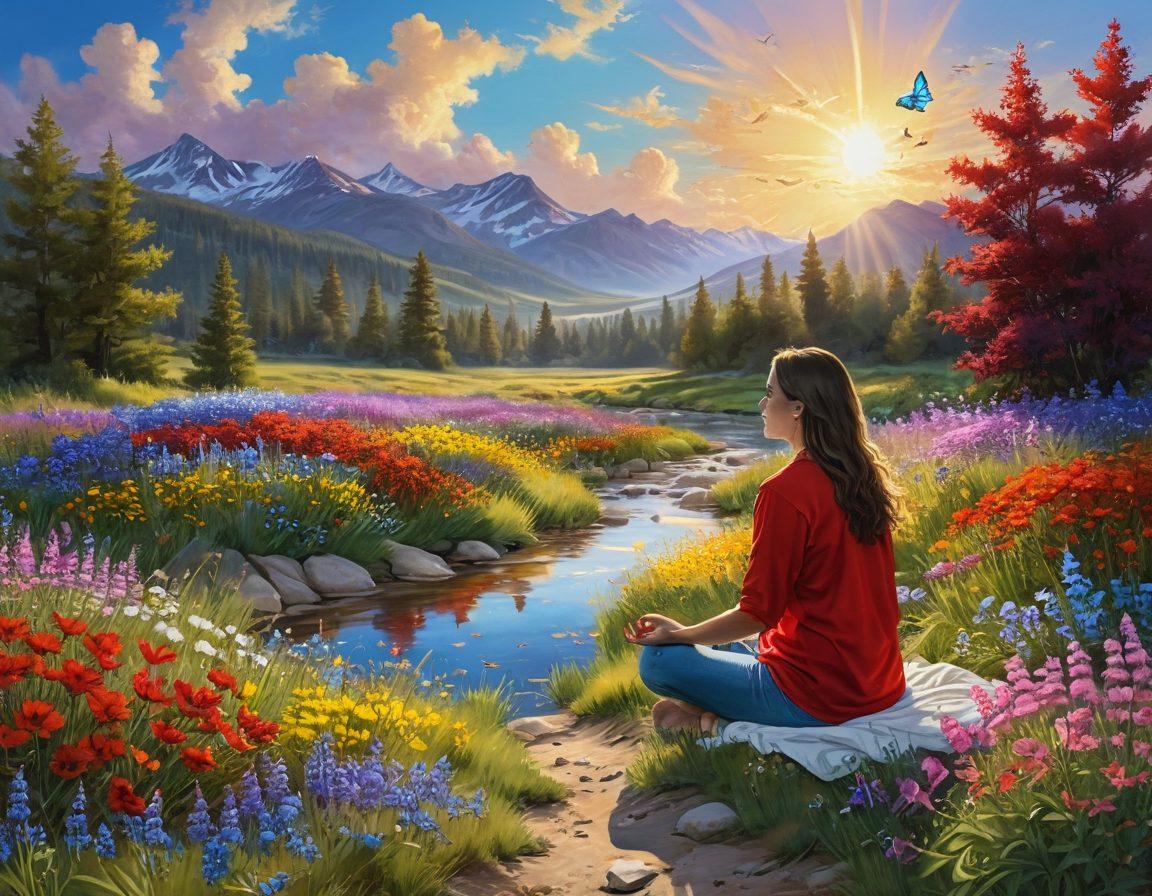 A serene landscape with a sun-kissed meadow filled with colorful wildflowers, a smiling person meditating in the foreground surrounded by butterflies, a gentle stream flowing nearby reflecting the bright blue sky. The scene radiates warmth and positivity, inviting viewers to embrace joy. super-realistic. vibrant colors. peaceful atmosphere.