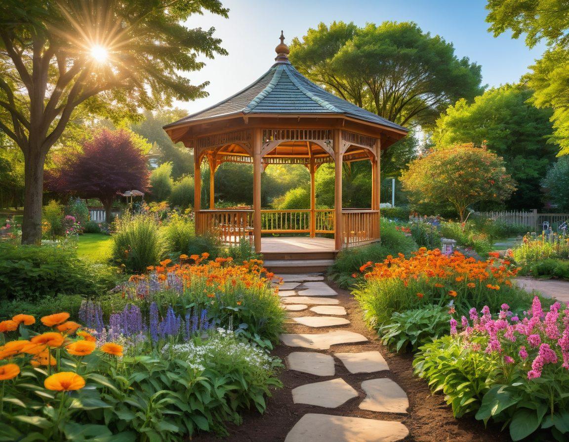 A serene community garden flourishing with diverse plants and vibrant flowers, where people of different ages and backgrounds gather joyfully, sharing smiles and laughter. Include a central gazebo filled with colorful banners promoting mental wellness, surrounded by playful butterflies and soft sunlight filtering through trees. Capture an atmosphere of unity and positivity. super-realistic. vibrant colors. warm sunlight.