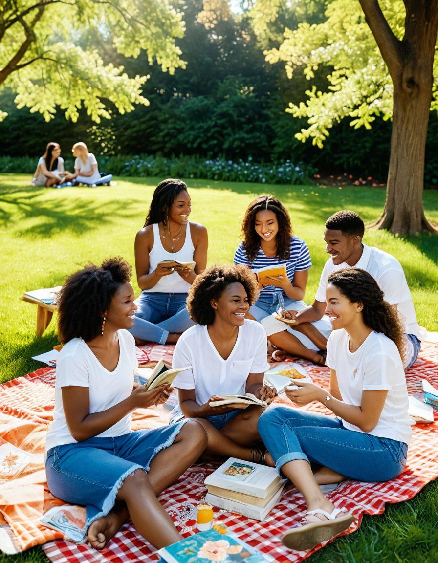 A diverse group of friends laughing and supporting each other in a sunlit park, surrounded by blooming flowers and lush greenery, symbolizing unity and happiness. Include elements like colorful picnic blankets, books, and a vibrant canvas painting representing their dreams. Capture the warmth of friendship with soft sunlight filtering through the trees. super-realistic. vibrant colors. cheerful atmosphere.
